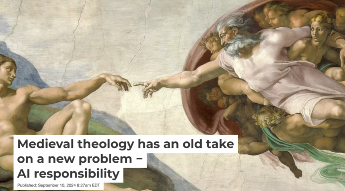 Ethicists wrestling with AI’s responsibility for its actions, vis-a-vis its creators’ responsibility, could learn a few things from theology. 'The Creation of Adam' from the Sistine Chapel, by Michelangelo/Wikimedia Commons
